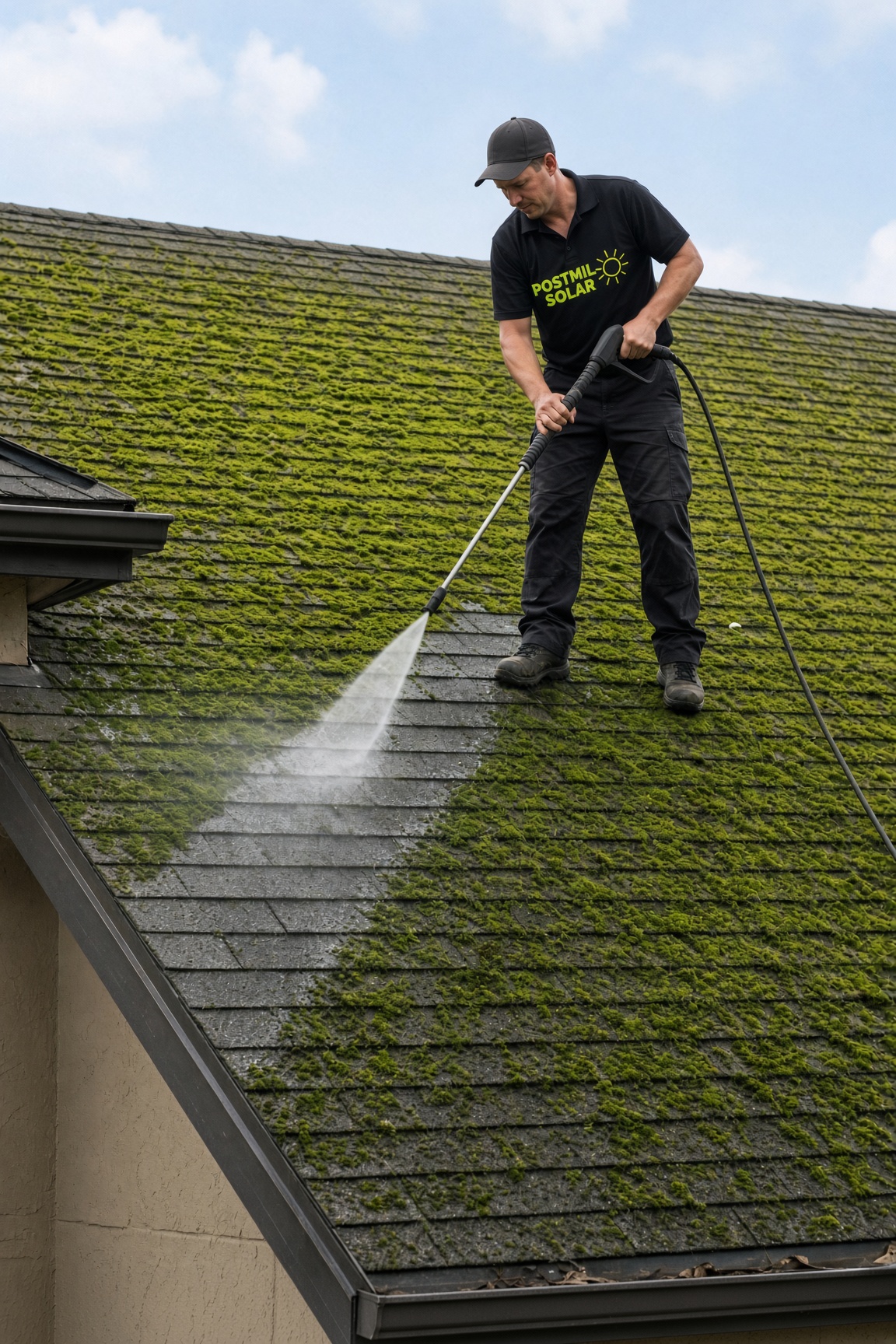 Power washing green algae off a roof