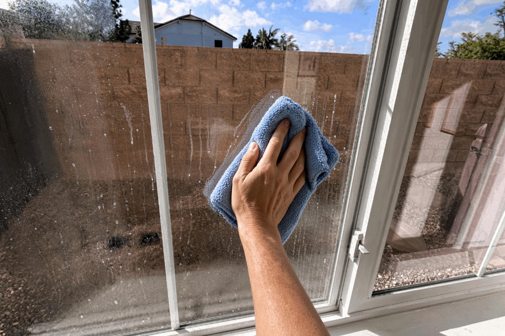 Hand wiping a house window